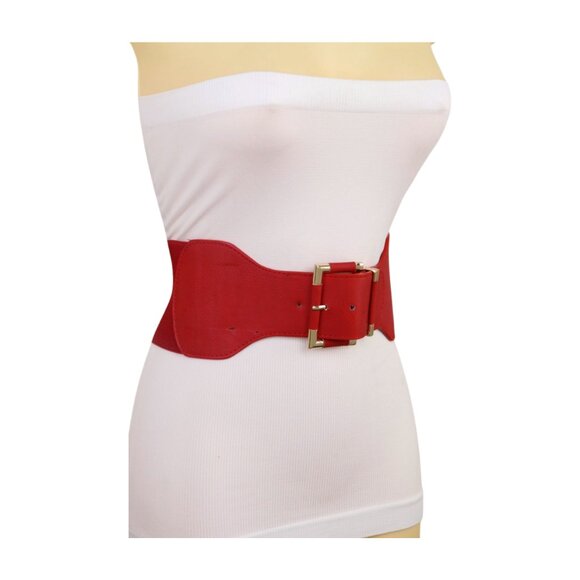 New Women Red Elastic Wide Fashion Belt Hip High Waist Gold Square Buckle S M - Picture 8 of 16